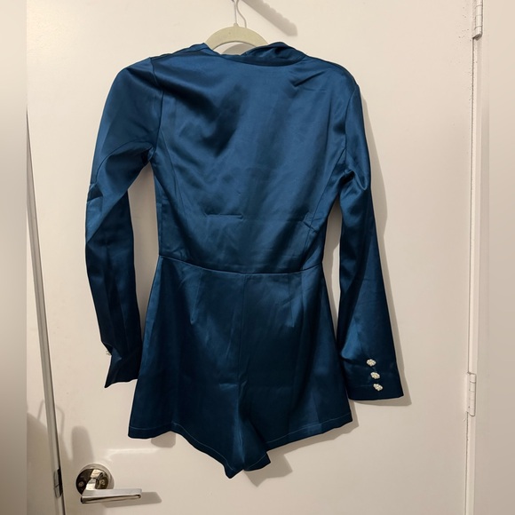 Lulus Regal Aura Teal Blue Satin Long Sleeve Blazer Romper - Size XS - Picture 7 of 9